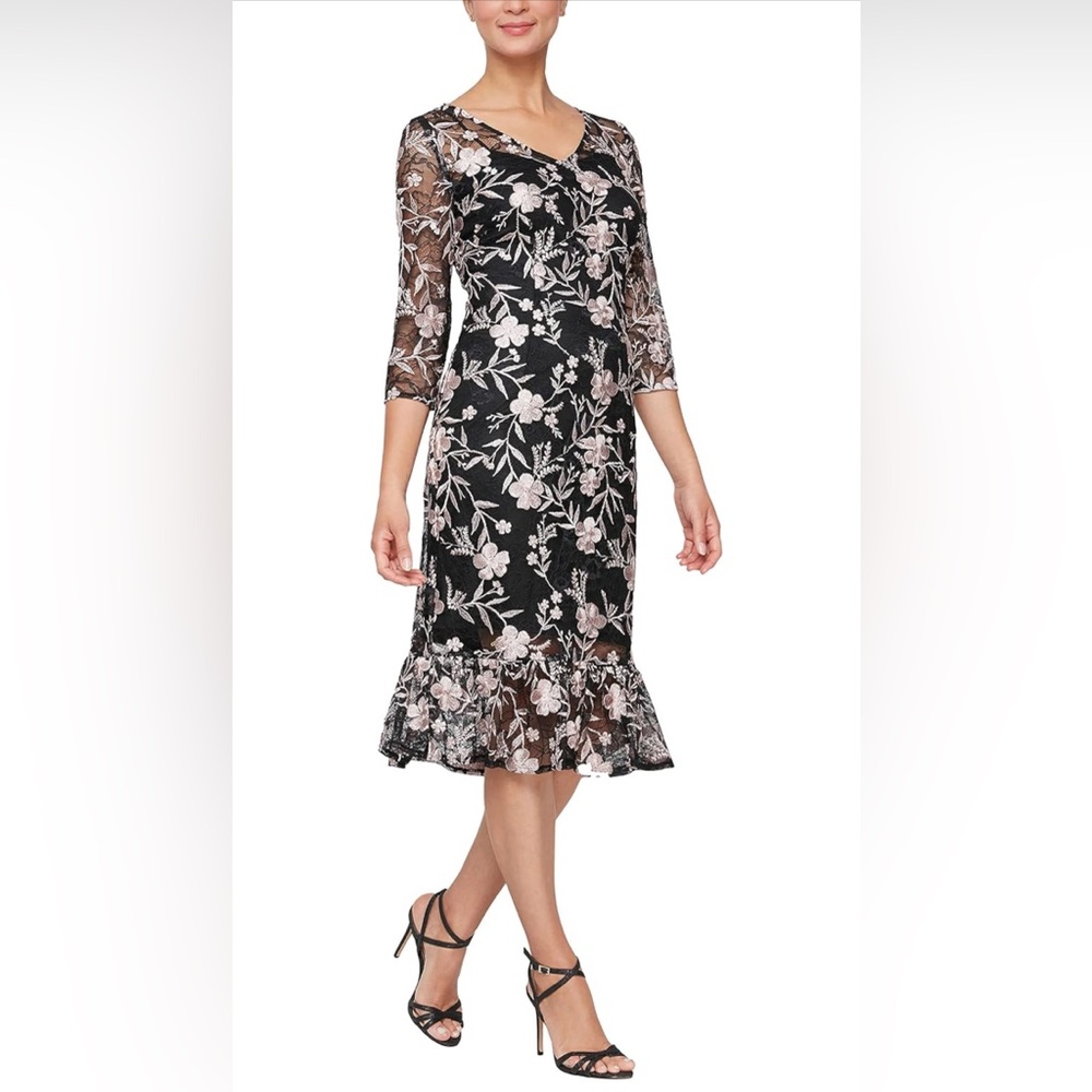 Alex Evenings Women’s Tea Length Embroidered w illusion sleeves wedding guest 4